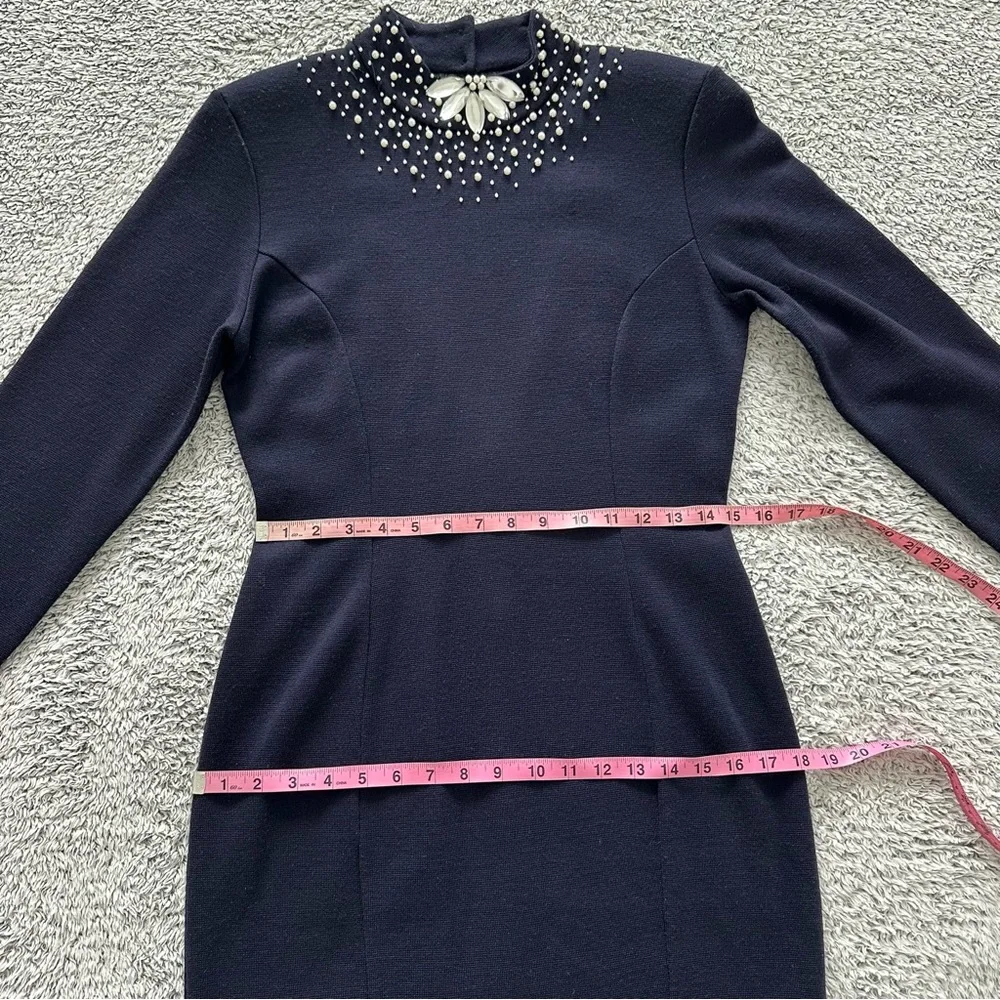 OUTLANDER Pearl & Jewel Trim Knit Dress Sz M Navy V-Back Long Sleeve